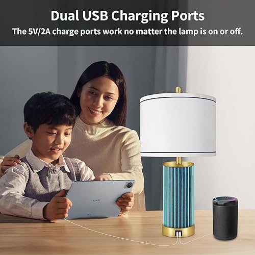Miniatura 3 de Juego de 2 lámparas de mesa con control táctil, lámpara de noche de cristal azul con 2 puertos USB, lámparas de noche regulables de 4 vías para sala