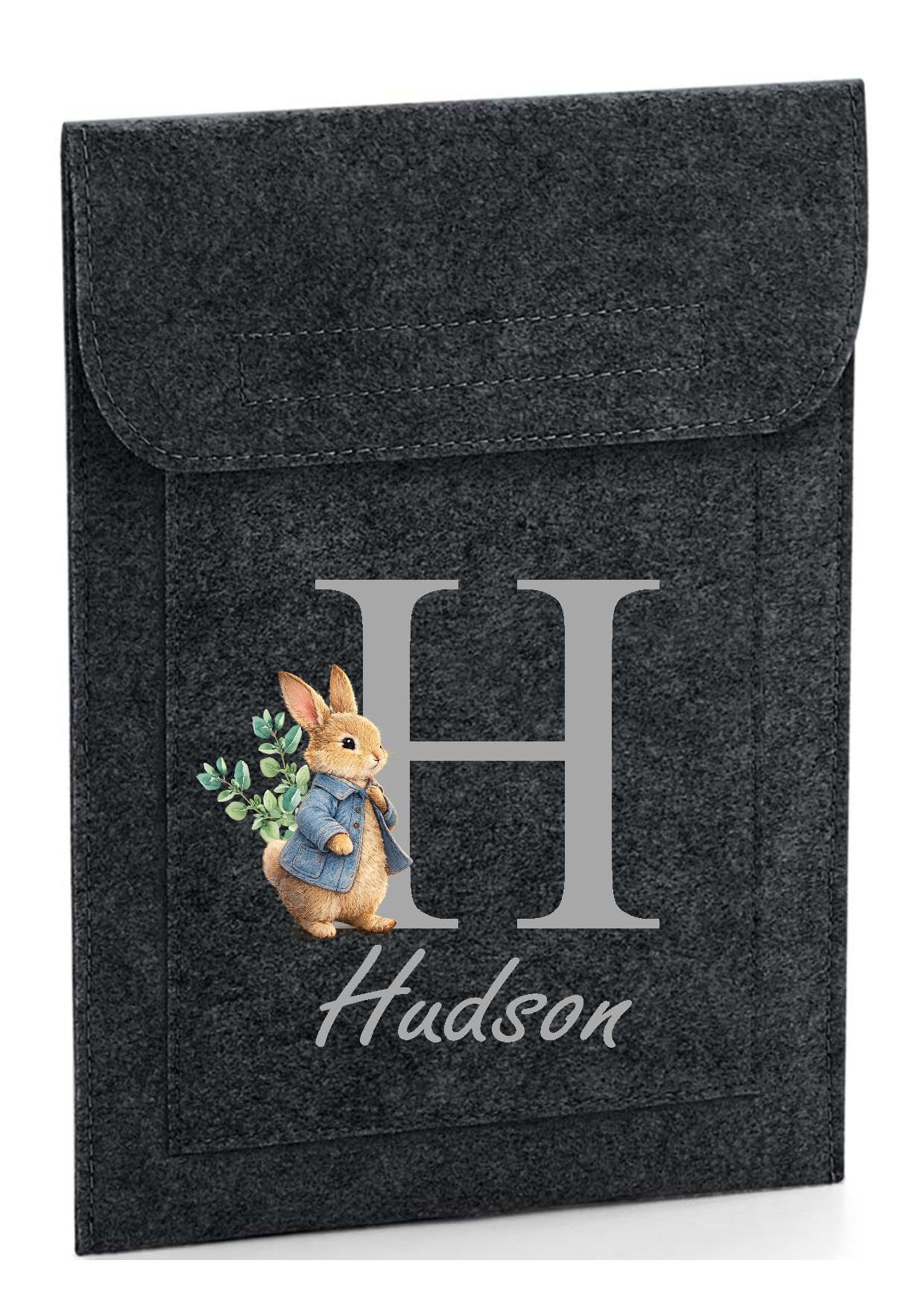 Personalised Baby Health Record Book Cover, Charcoal Felt with Initial and Blue Bunny Design, NHS Red Book Holder