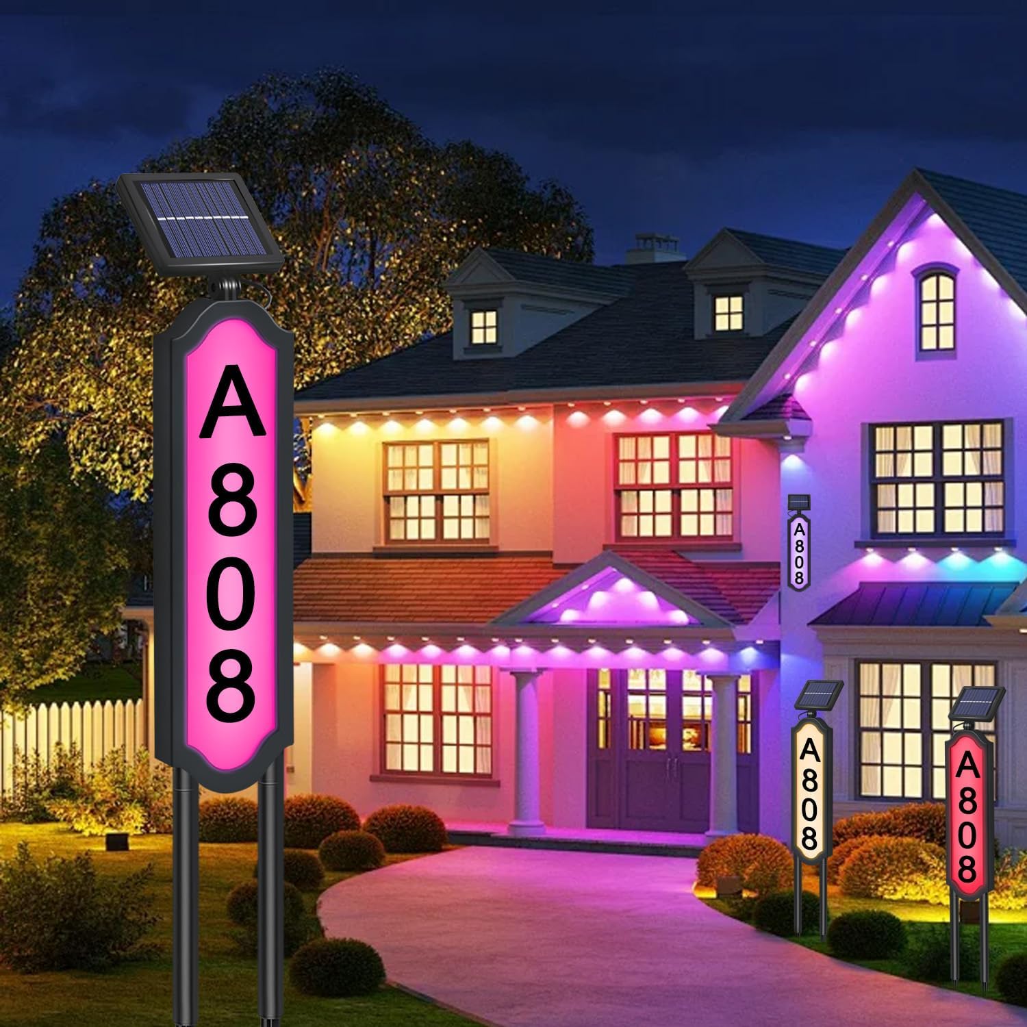 Solar Illuminated LED Lighted Address Sign, House Numbers for Outside Yard Home, Numbers Plaque Outdoor Waterproof, Black (Black-Upgraded Version, RGB Version)