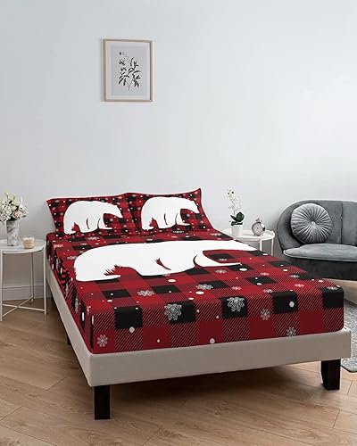 Miniatura 6 de Juego de sábanas bajeras de tamaño King con diseño de oso polar de Navidad, copos de nieve, bolsillo profundo, sábanas y fundas de almohada suaves