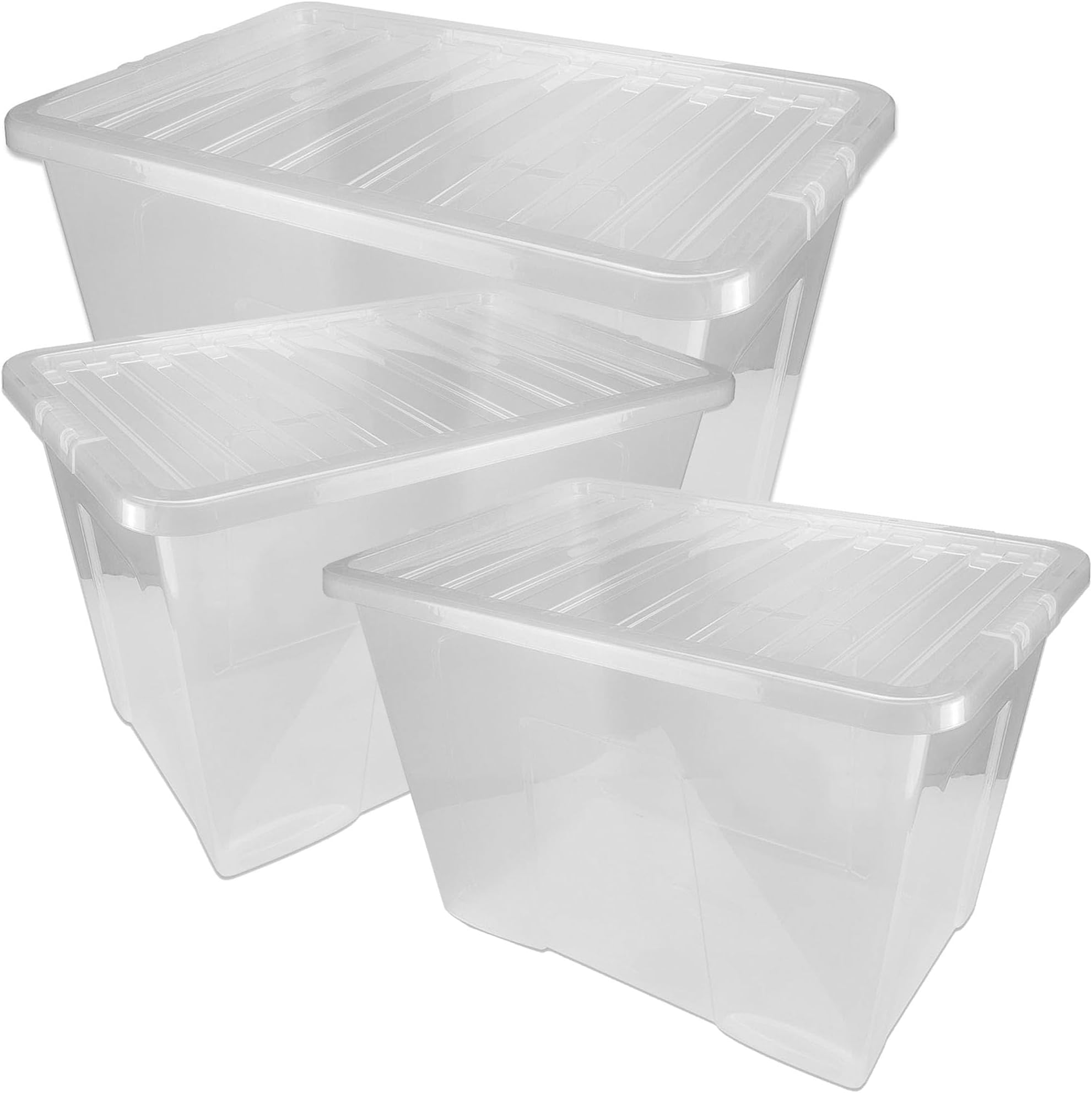STORM TRADING GROUP 3 Pieces 80L Plastic Storage Boxes With Lids 80 Litres Transparent Clear Large Size Stackable See Through Box