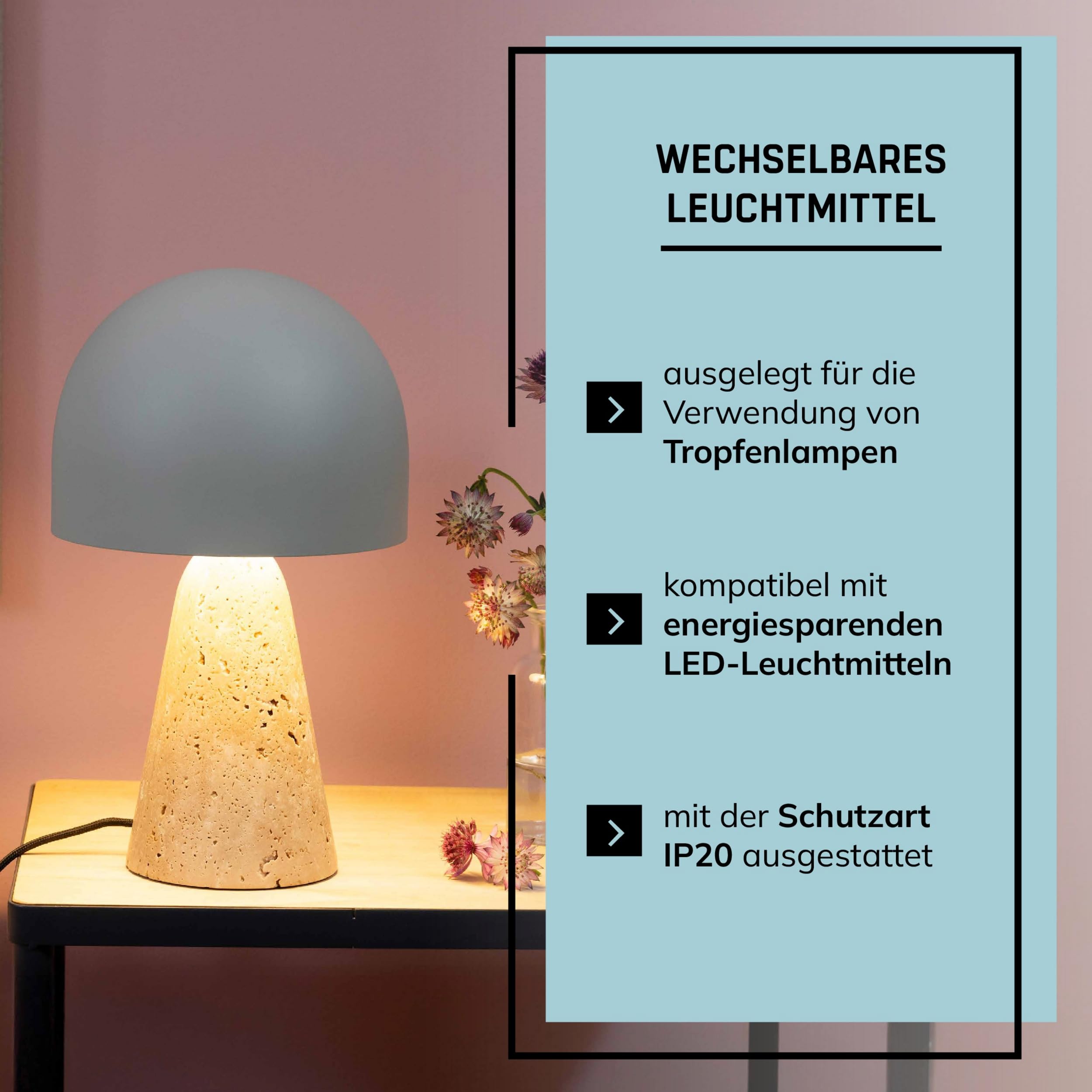 Lightbox Pilz-Tischlampe - Tischleuchte mit Sockel aus Travertin-Stein - Lampe für Wohnzimmer, Schlafzimmer & Fensterbank - exkl. E14 LED
