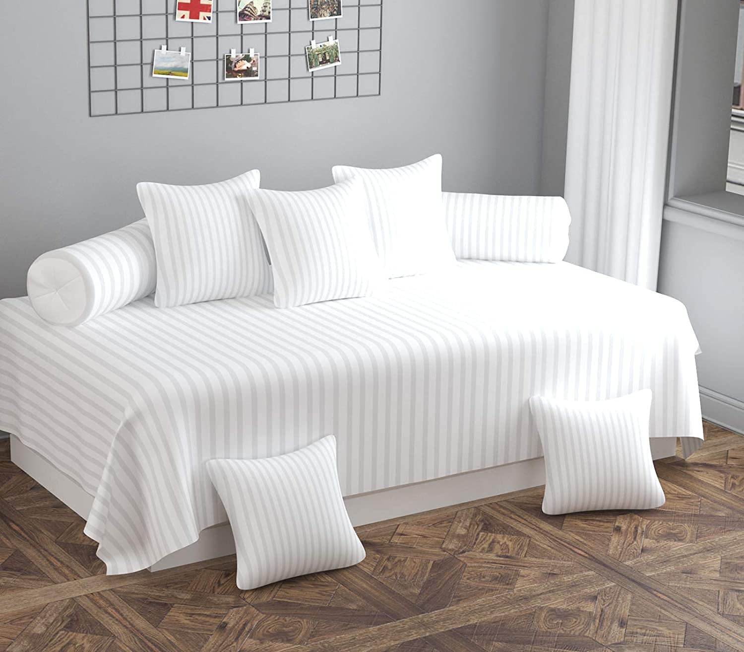 AASHIYANA SAJONA Microfibre 8-Piece White Strip Diwan Set - 90 '' x 60 '' -Diwan Set Soft Cotton, 1 (60 X 90 Inches) Bedsheet,5 (16x 16 inches) Cushion Covers and 2 Booster Covers