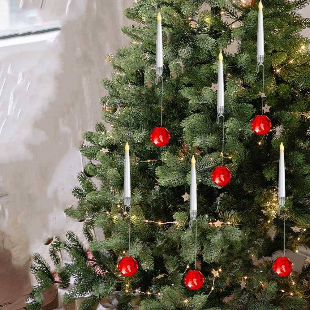 Christmas Tree Led Candles with Clear Crystal Ball Hook,Flameless Flickering Candle Lights,with Remote Control,for Holiday, Home & Party Decor (RED)