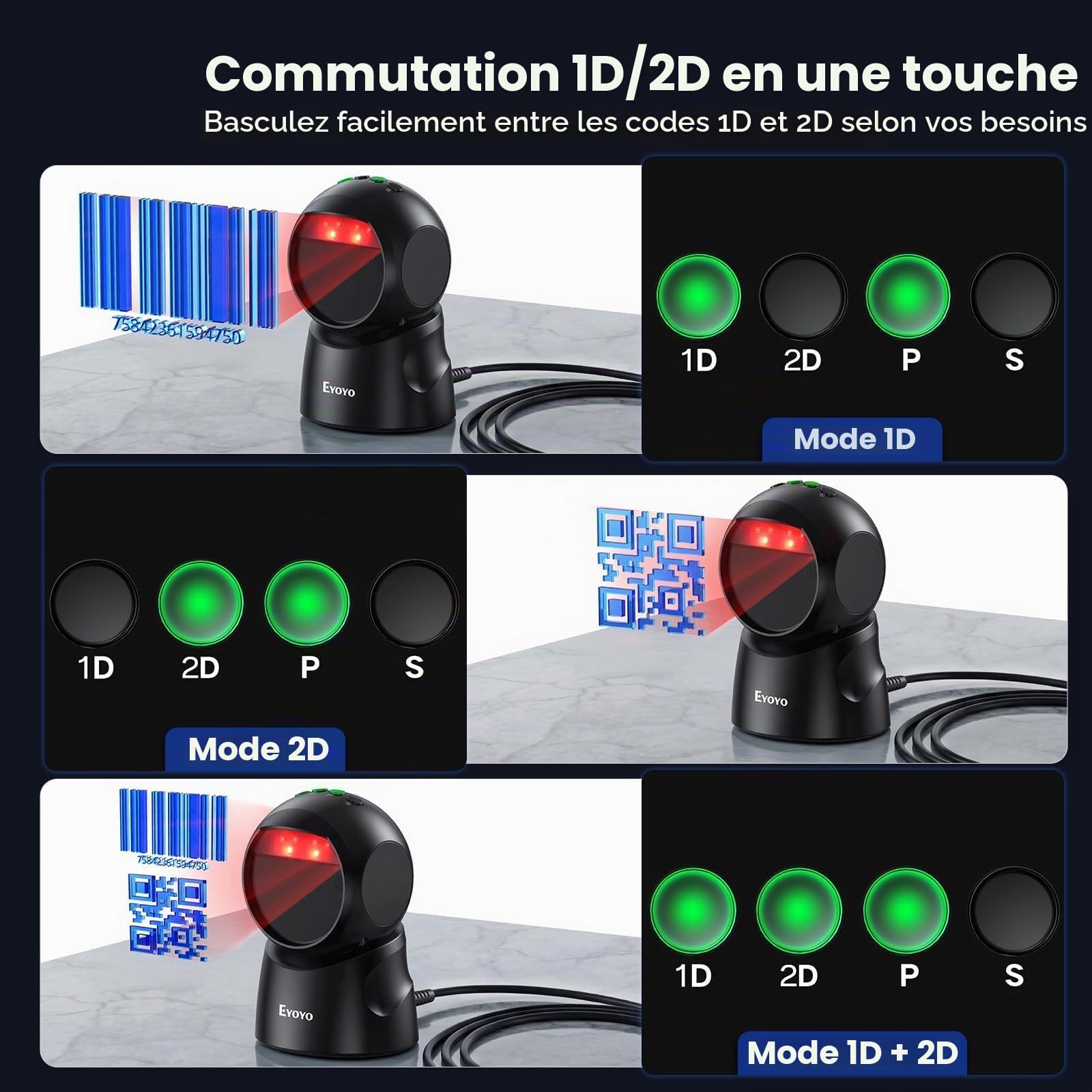 Eyoyo Lecteur Codes Barres 1D 2D, USB Câblé Plateforme Barcode Scanner | Écran de numérisation, Plug and Play, Balayage Automatique, pour Supermarchés, entrepôts et librairies