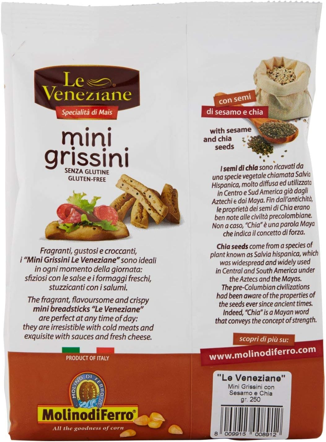 Le veneziane, mini grissini con sesamo e chia senza glutine, gluten free breadstick, glutenfreie Mini-Grissini mit Sesam und Chia, 6x 250g + Italian Gourmet polpa 400g