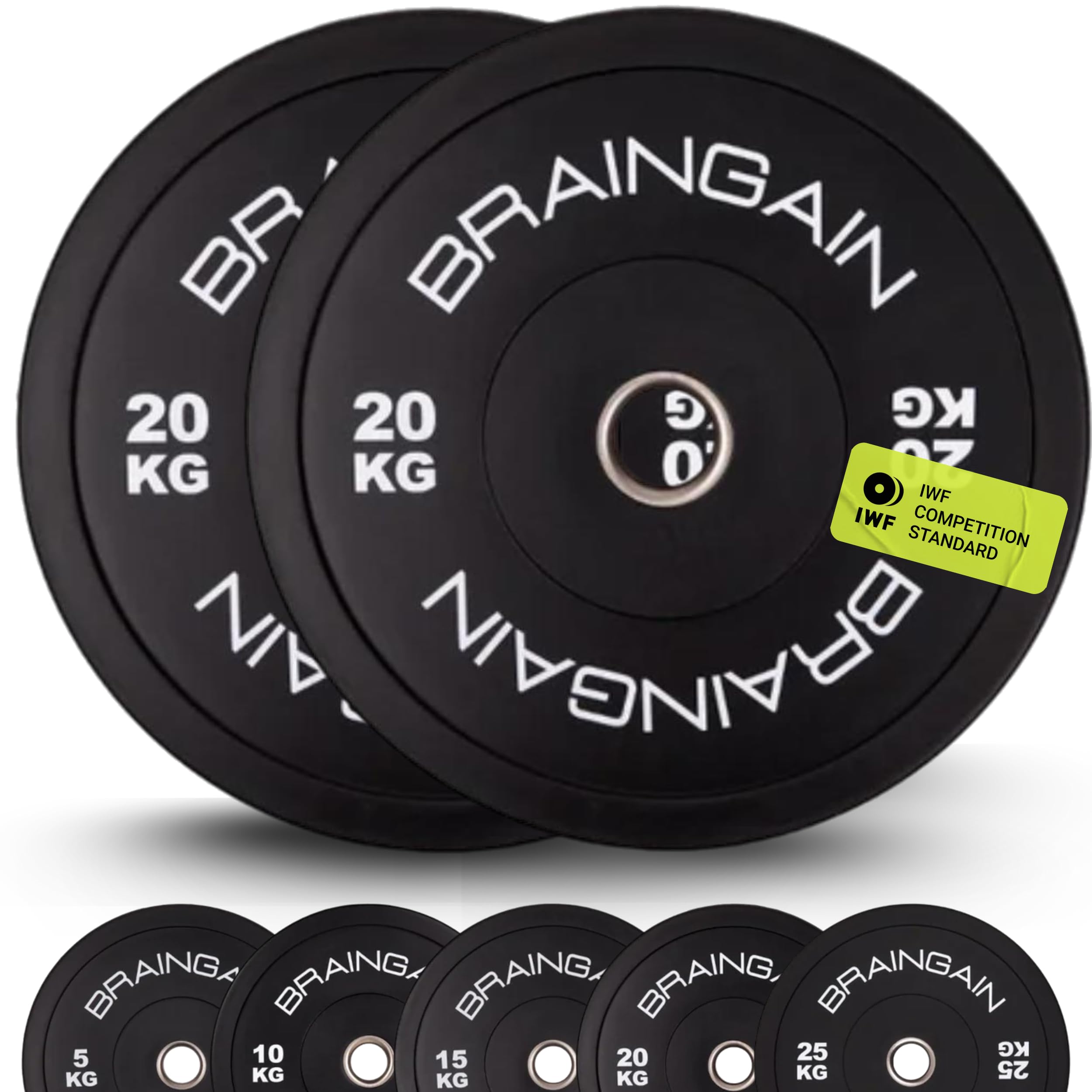 BRAINGAIN Disques Bumper Olympiques – Tailles Multiples – Disques de Poids 2" pour Entraînement de Force avec Barre -1,5kg 2,5kg 5kg 10kg 15kg 20kg 25kg 100kg 150kg (Paire/Set)