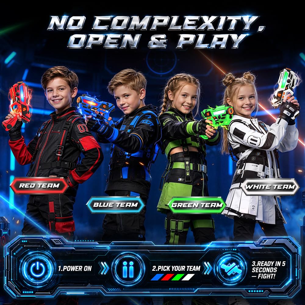 VATOS Set Laser Tag Ricaricabile 4 Pezzi, Giocattoli Pistola Laser con Schermo LED, Raggio 40 m per Interni ed Esterni - Gioco per Ragazzi e Famiglia, Regalo di Compleanno e Vacanza per Bambini 6+