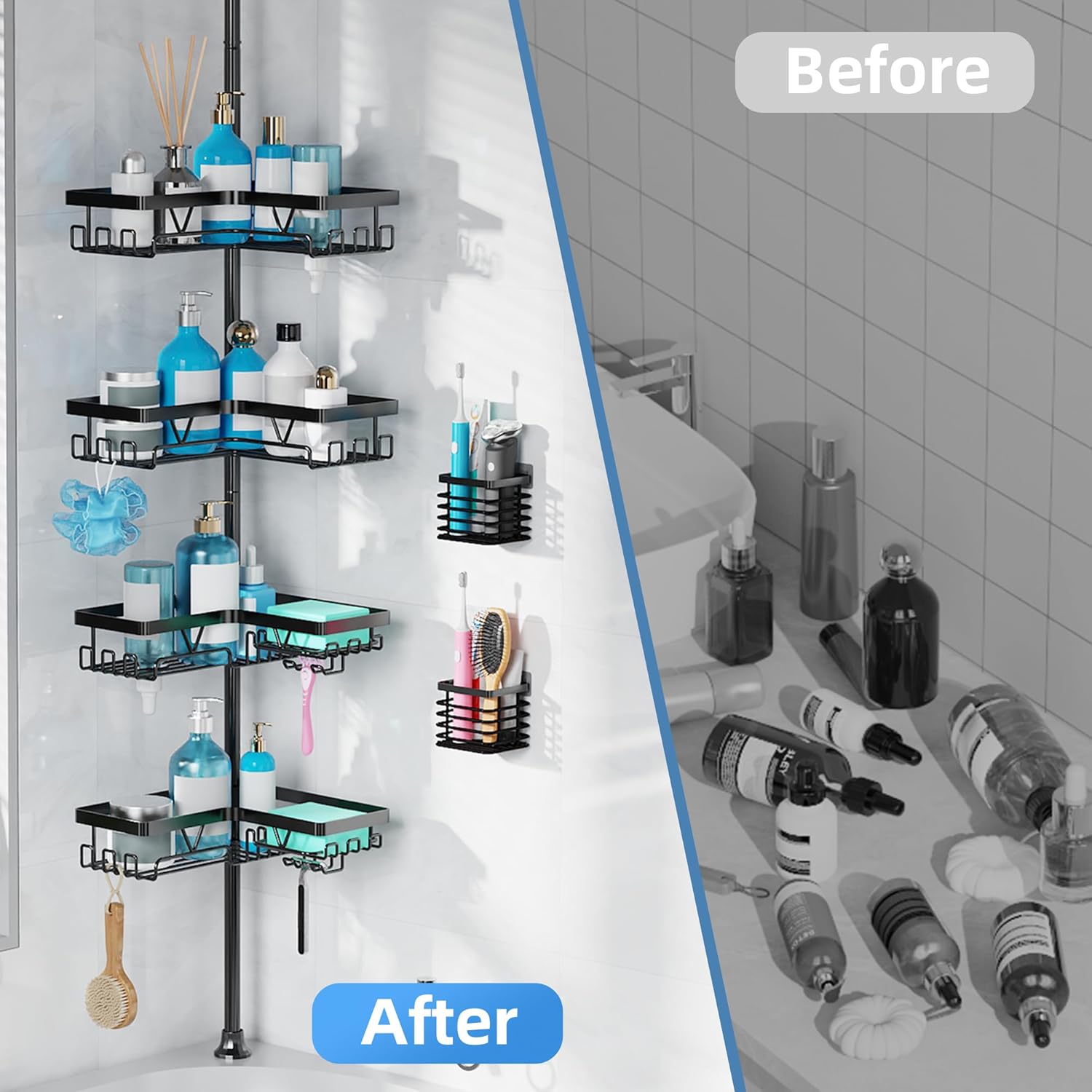 KEGII Set of 2 Wall Mount Toothbrush Holders with Tension Pole Shower Caddy, Rustproof Bathroom Organizer with Soap Holder & Hooks, 4 Adjustable Shower Shelves for Renters, 25-114.2 inch Black