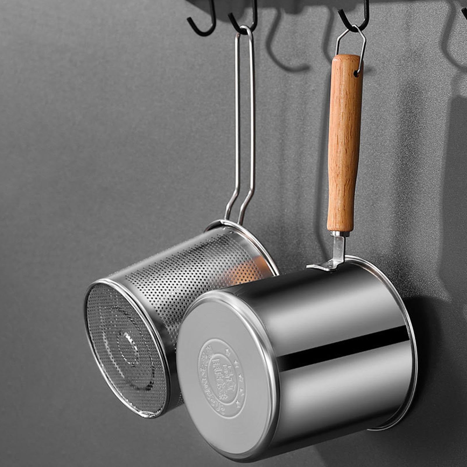 Pentola per friggitrice con cestello filtrante, in acciaio inox, friggitrice con manico in legno, padella per friggitrice ad olio profonda, friggitrice per friggitrice per friggere pesce,