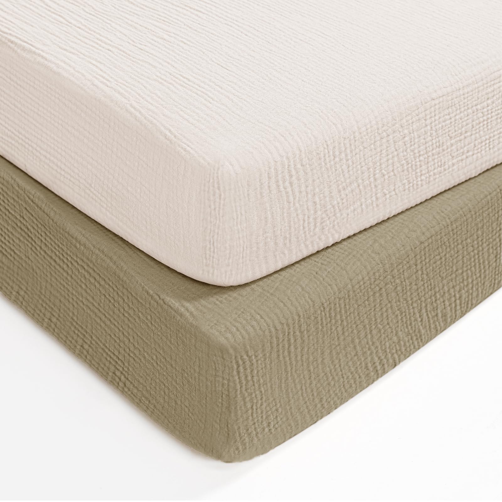 lulumoon Sábanas bajeras de muselina para cuna, sábanas de algodón para colchón estándar de cuna, sábanas suaves y transpirables para niños pequeños (paquete de 2, 28 x 52 pulgadas) (oliva + crema)