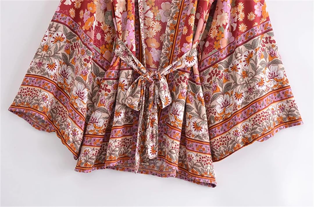 Wjnvfioo Kimono da donna vintage con stampa rossa e maniche a pipistrello con scollo a V bohémien