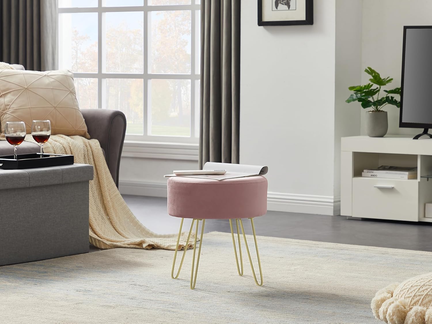 Taburete Redondo de Terciopelo Ø37×45cm con Patas de Metal Rosa para Tocador