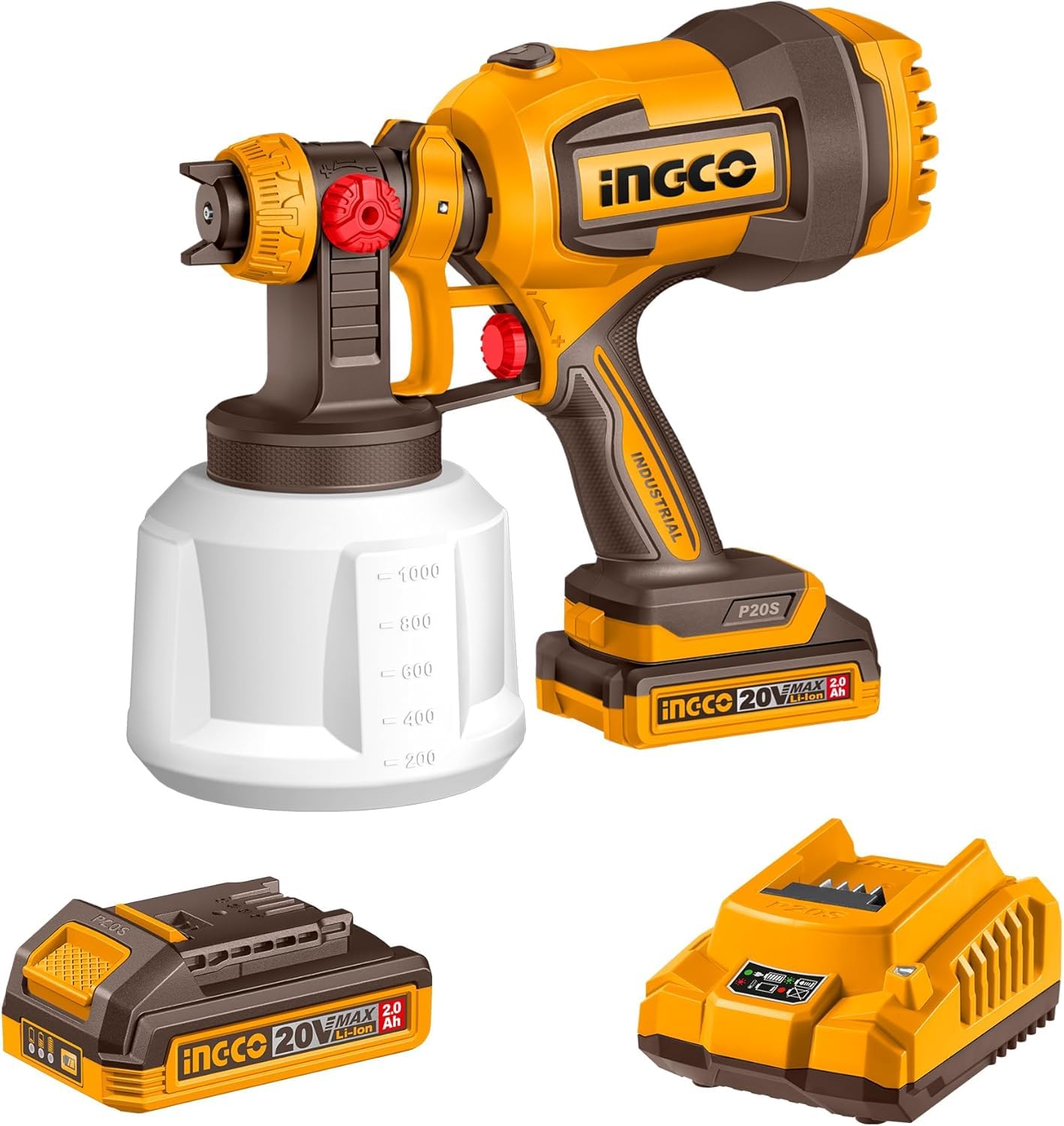 INGCO 20V Cordless Spray Gun 120Din-s, 800ml/ min, Cleaning & Blowing Joints, Electric Fence Paint Gun for Fencing and Decking, with 1Pcs 2.0Ah Battery and 1Pcs Charger CSGLI20042