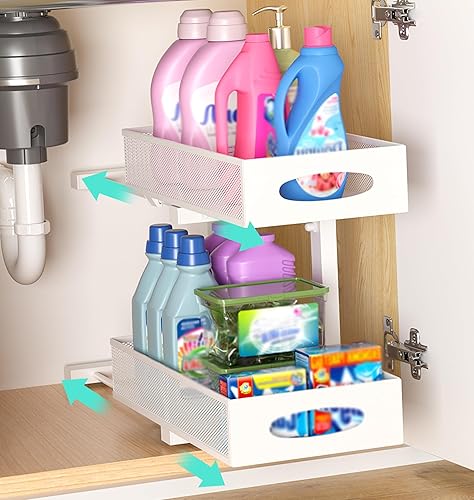 Under Sink Organizer, 1 Pack 2 Tier Metal Slide Out