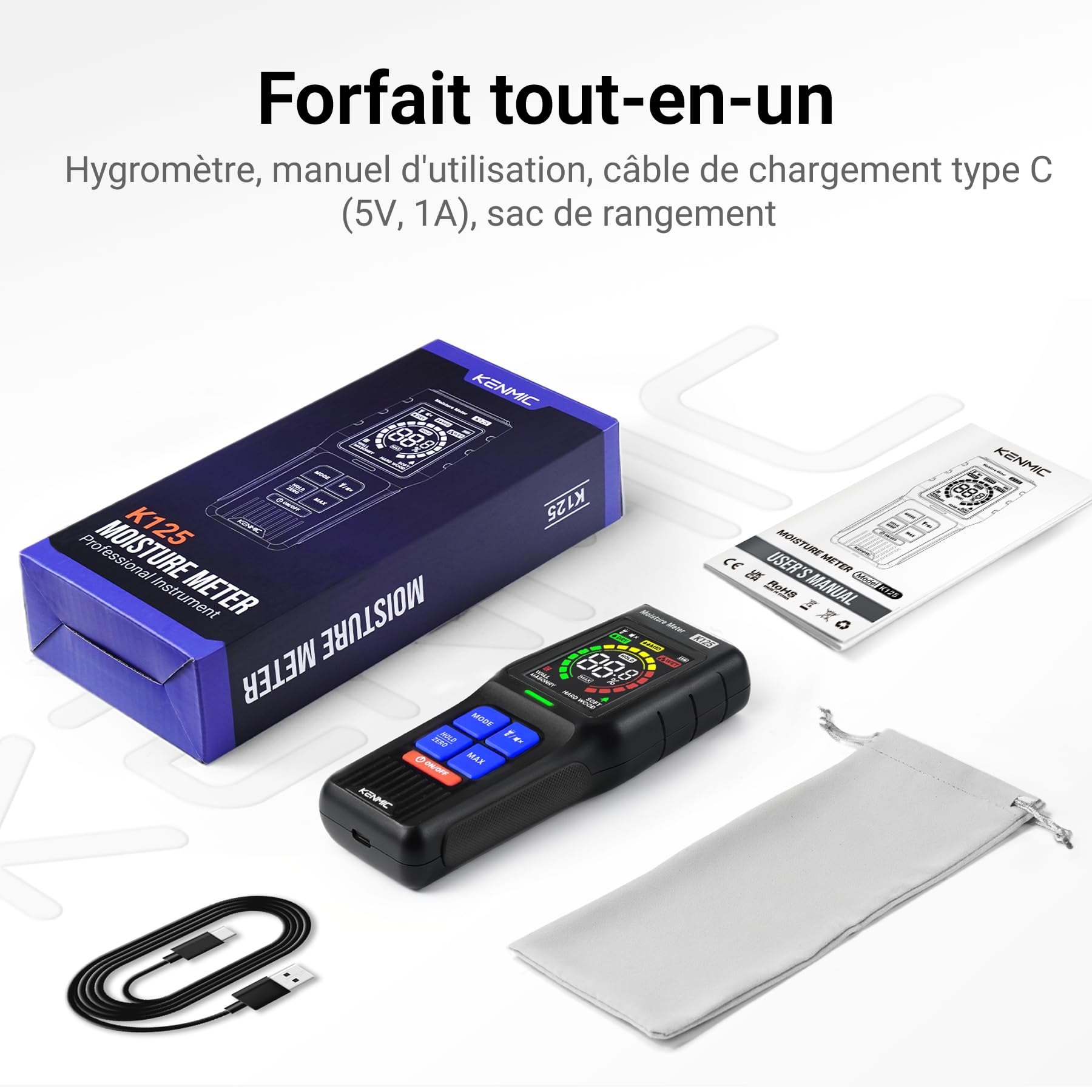 Testeur d'Humidité Sans Contact pour Murs, Bois et Cloison Sèche | Humidimètre avec Écran LCD et Alarme Automatique, 4 Modes, Détection Jusqu’à 19 mm de Profondeur
