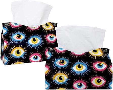 Magic Evil Eyes Tissue Box Cover, PU Leather Rectangular Tissue Box Case Organizer Holder for Vanity Countertop, Night Stands, Livingroom, Office, Set of 2
