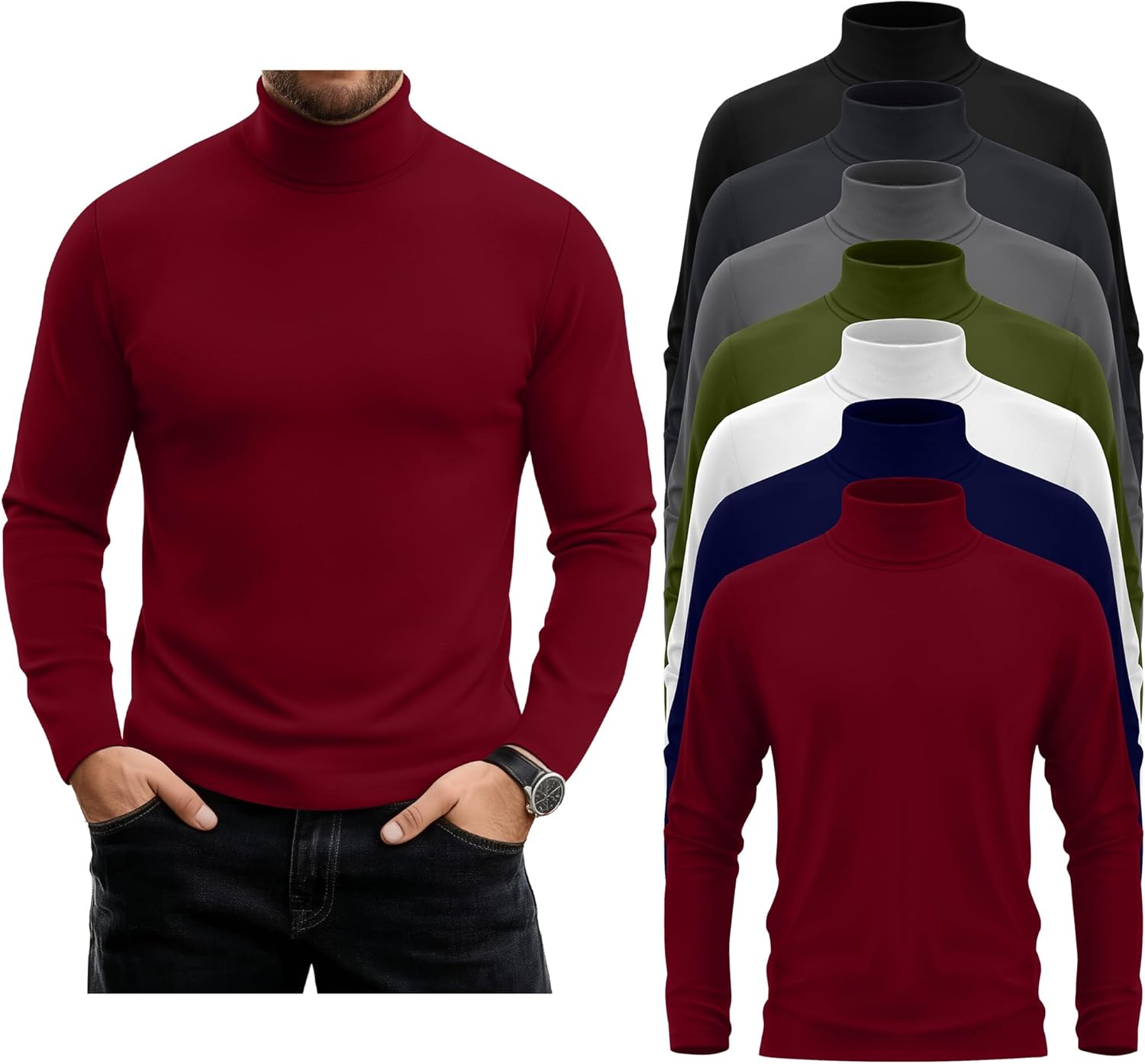 7 Pack Men's Turtleneck Tops, Long Sleeve Basic Pullover Sweaters Casual Slim Fit Lightweight Tees