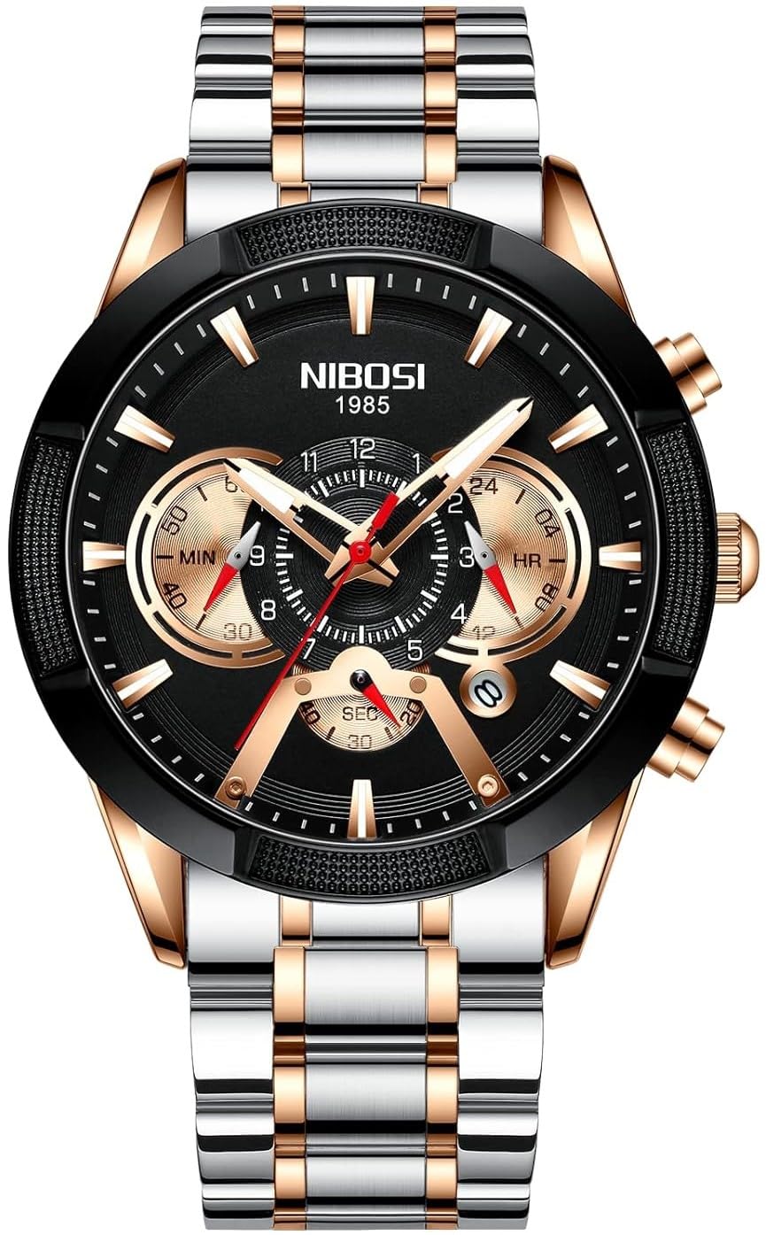 NIBOSI Stainless Steel Silver and Gold Fashion Chronograph Calendar Watch for Men (B09JM4WXN6) Amazon Price History, Amazon Price Tracker