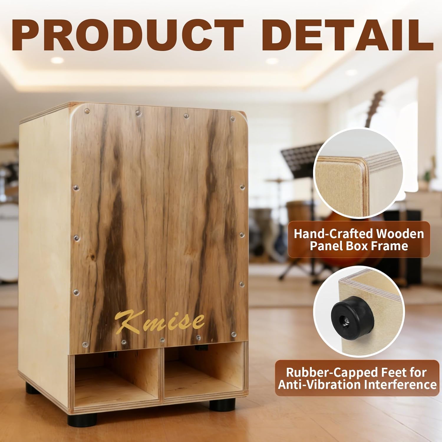 Kmise Portable Cajon Drum Box, 11.8×12.2×19.6" Adjustable Snare Cajons Drums, Solid Ebony & Birch Wood, Percussion Instrument Gift for Adults Kids, With Carry Bag,for Home Live Performance Practice