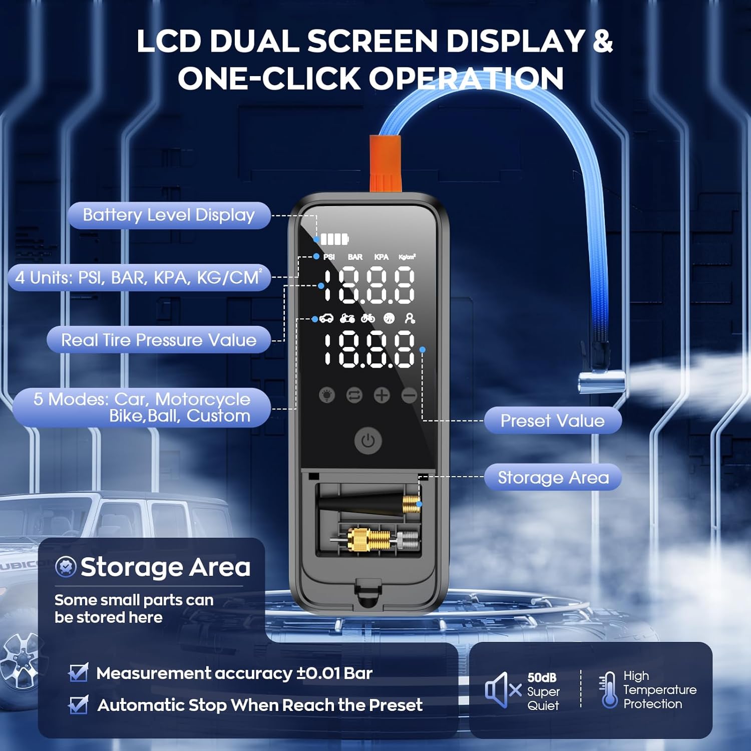 Tire Inflator Portable Air Compressor, 6000mAh Cordless Air Pump for Car Tires Electric Bike Pump with LED Light & Pressure Gauge, Portable tire Inflator for Car, Motor, Bike, Ball