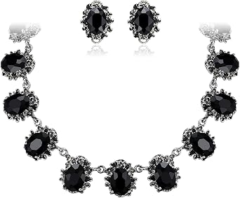 Victorian Style Statement Necklace Pierced Earrings Jewellery Set for Women Crystal Floral Cameo Inspired Oval Party Prom Jewelry