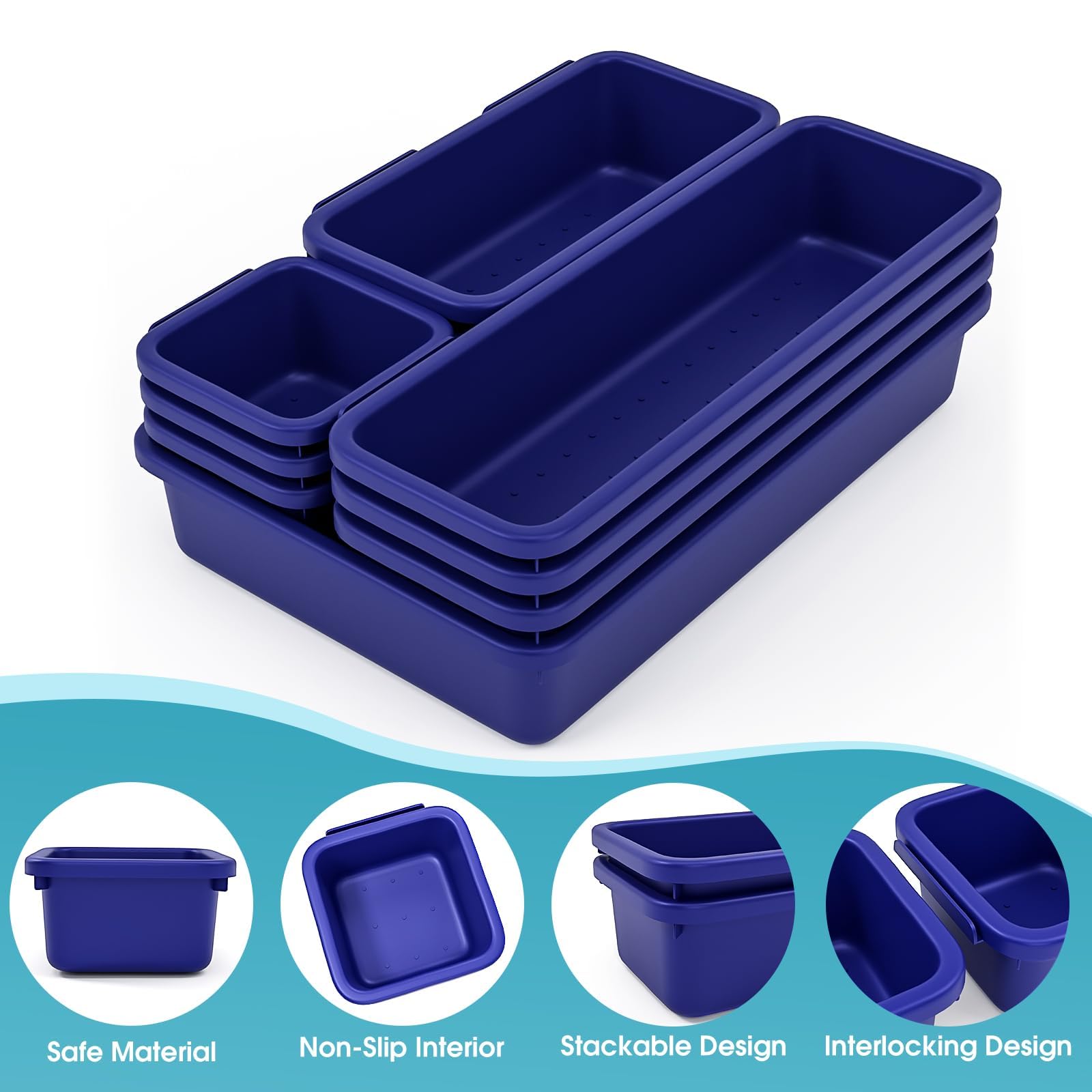 Lot de 10 organiseurs de tiroir de 4 tailles avec coussinets antidérapants, bacs de rangement emboîtables en plastique pour bureau, coiffeuse à bijoux, gadgets, salle de bain, cuisine, bleu marine
