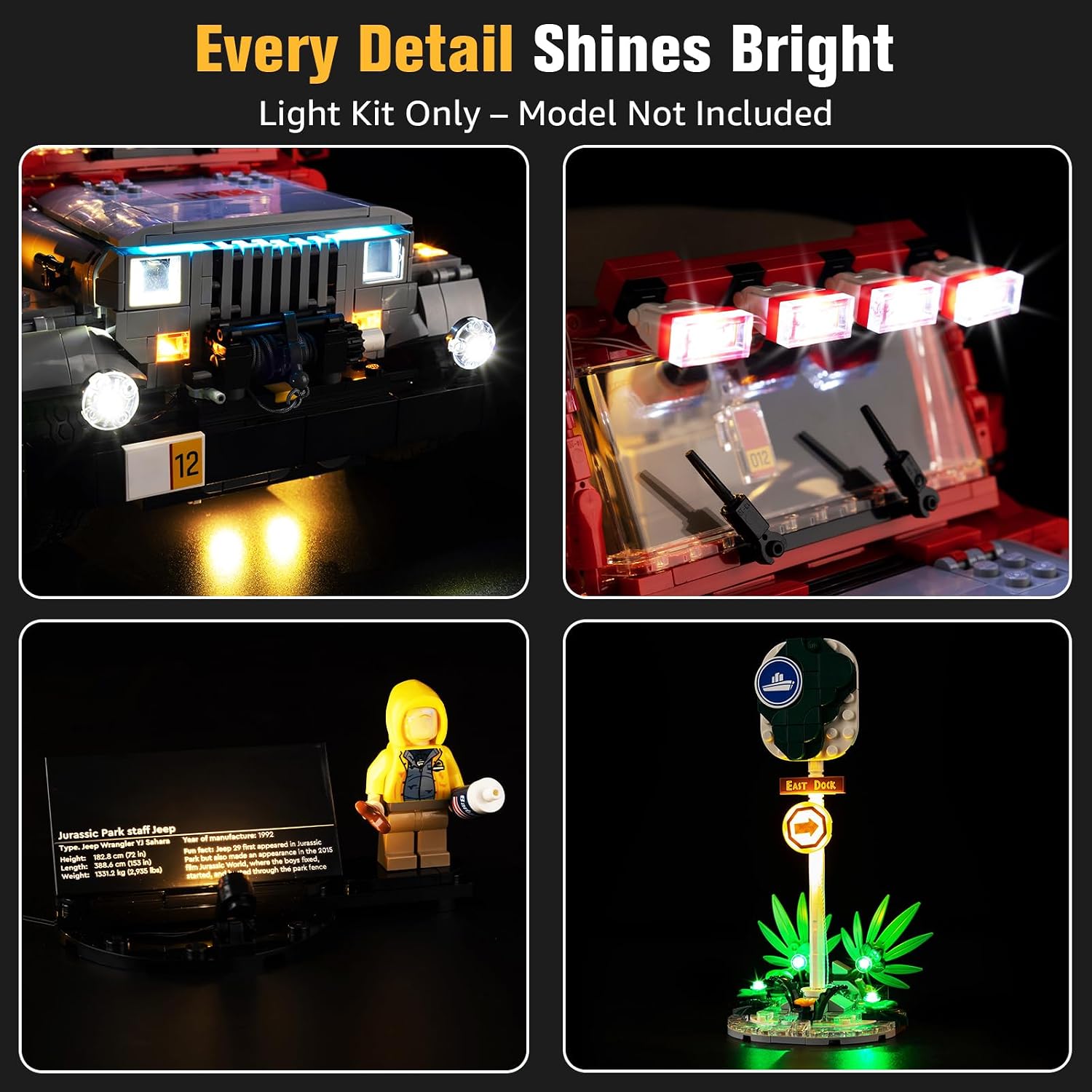 BrickSoul RC Light Kit Compatible with Lego 77984 Jurassic Park Jeep Wrangler Building Set | Upgraded Remote Control & Multi-Mode Dimming & Zonal Lighting (77984 Set NOT Included)