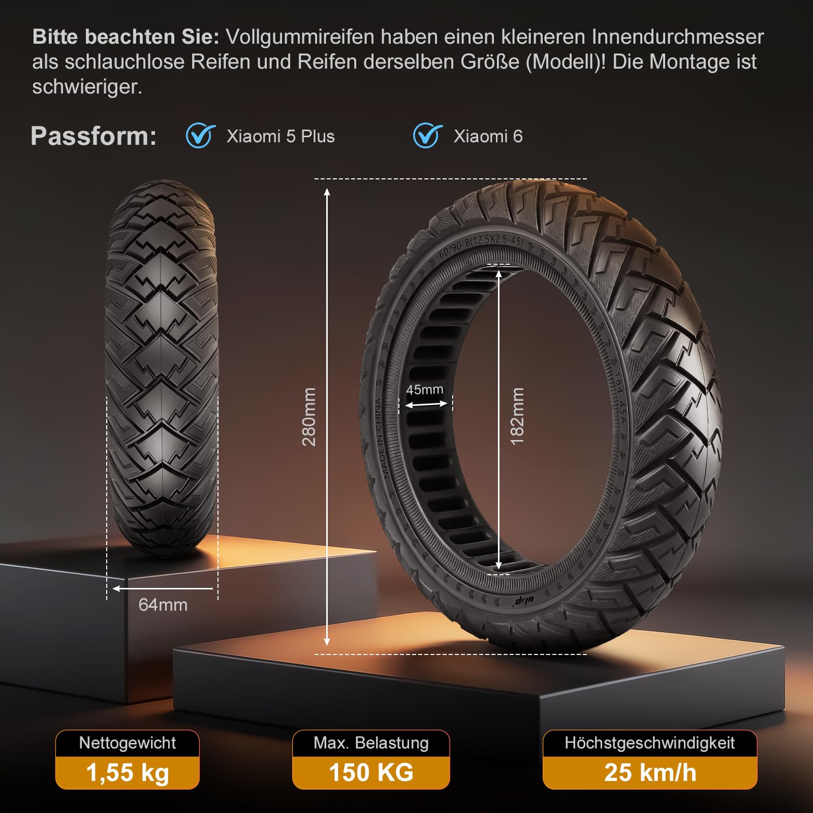 60/90-8 Vollreifen für Xiaomi 5 Plus, für Xiaomi 6 Elektroroller, 12-Zoll Ersatzreifen mit 45-mm-Schlitz, 12,5 x 2,5 Vollgummireifen Anti-Rutsch, Pannensicher (Schwarz 1 Stück)