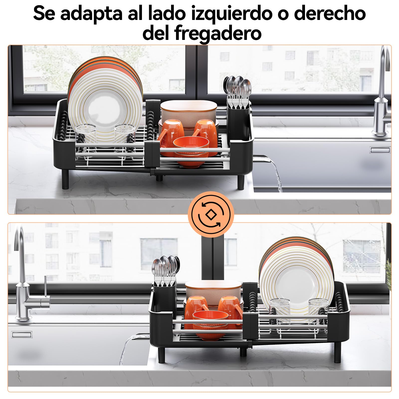 Urackify Escurreplatos extensible | Plegable, acero inoxidable, soporte para cubiertos extraíble, soporte para platos resistente a los arañazos