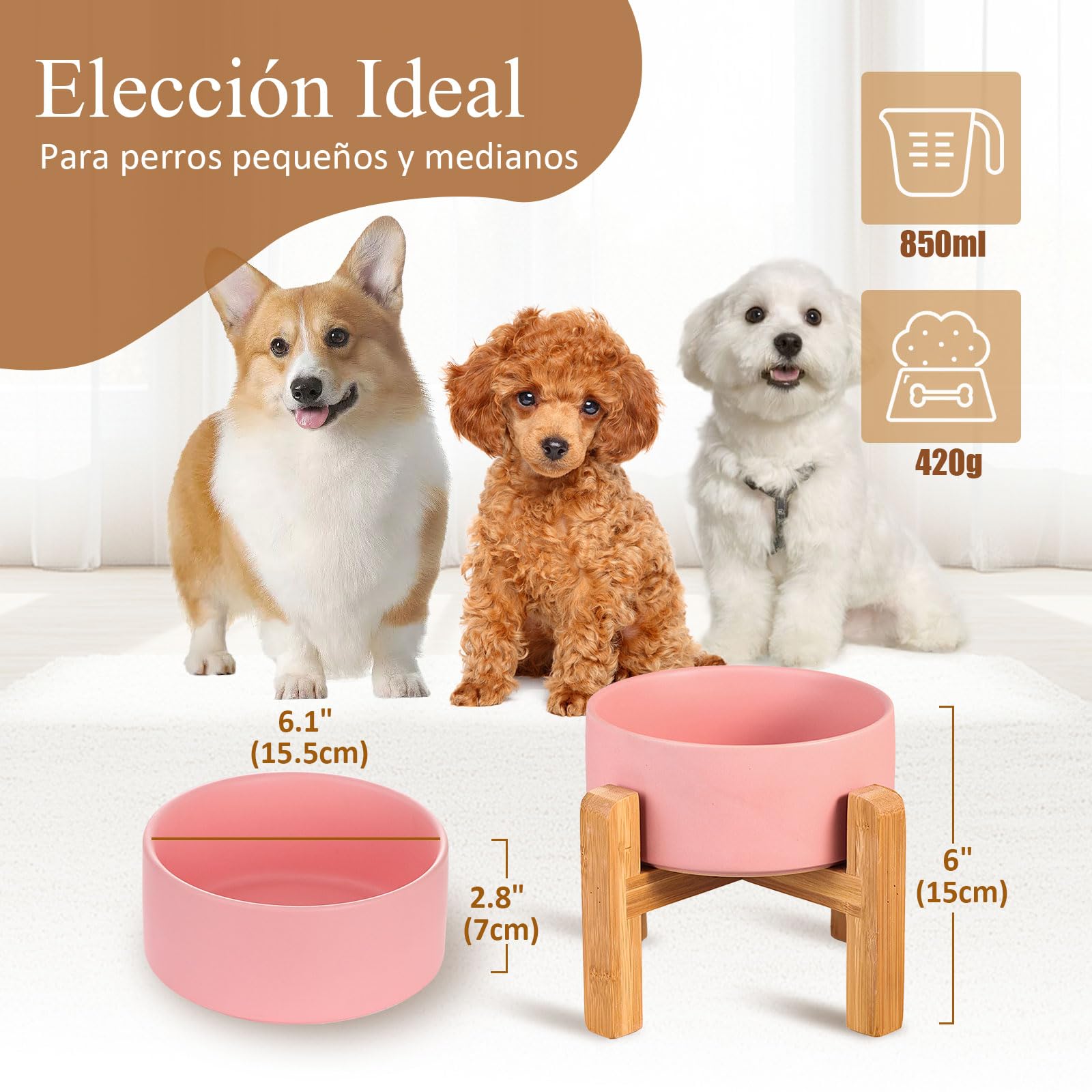 Blanca Ceramica Comedero Elevado Perro y Comedero Gato - 850 ml - En un Elegante Soporte de bambú - También Adecuado para Perros Grandes/Grandes felinos