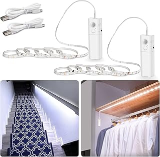 WOBANE LED Band mit Bewegungsmelder,2 x 2m Wiederaufladbar Kleiderschrank Beleuchtung,Weiß LED Sensor Licht für Schrank,Treppe,Bett,2 Stück