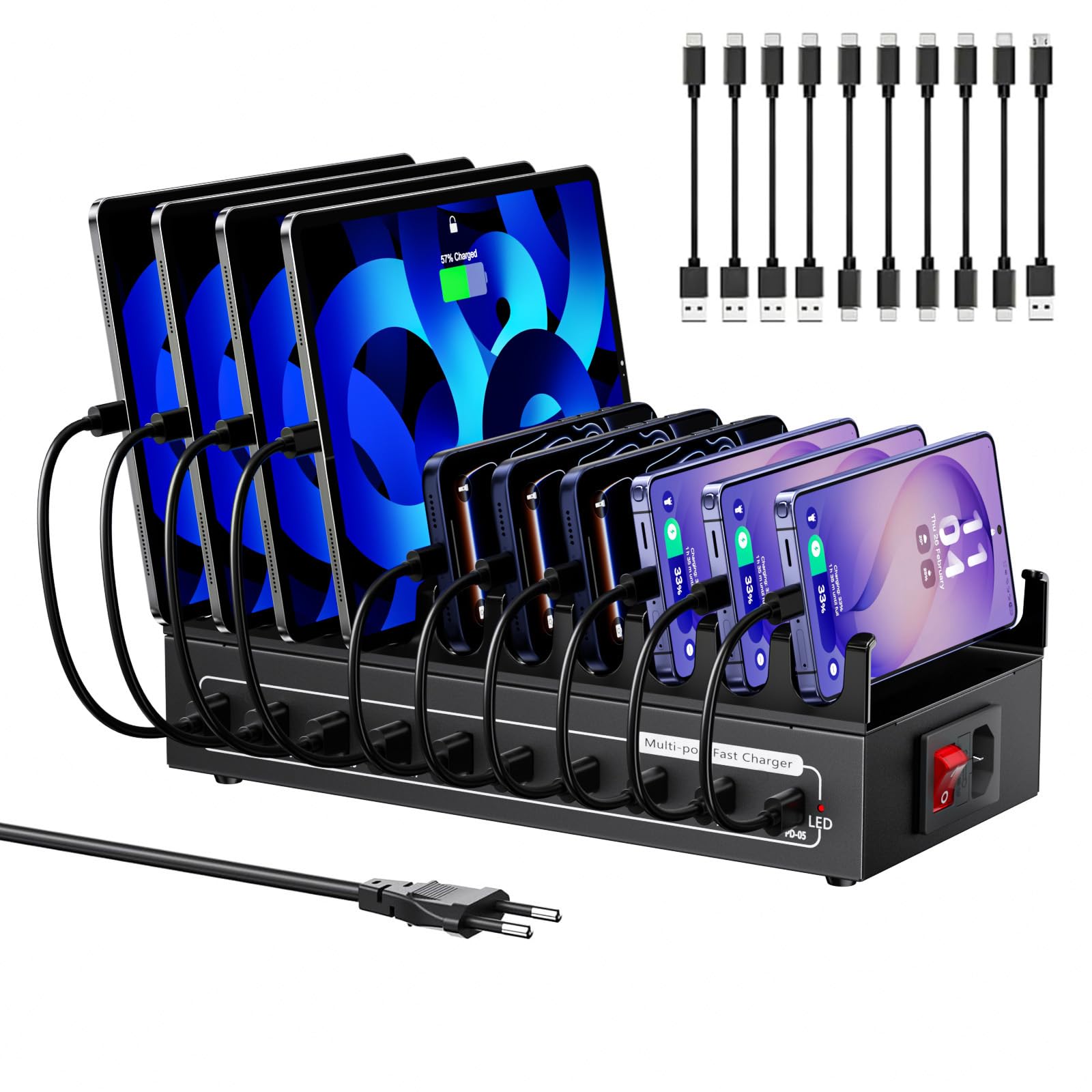Ladestation, USB-C-Ladestation für mehrere Geräte, Gesamtleistung 200W 10 Ports [5USBA & 5USBC] Ladestation, 10 Ladekabel, Kompatibel mit iPhone 11/12/13/14/15/16/XS/XR/8/Handy/Tablet