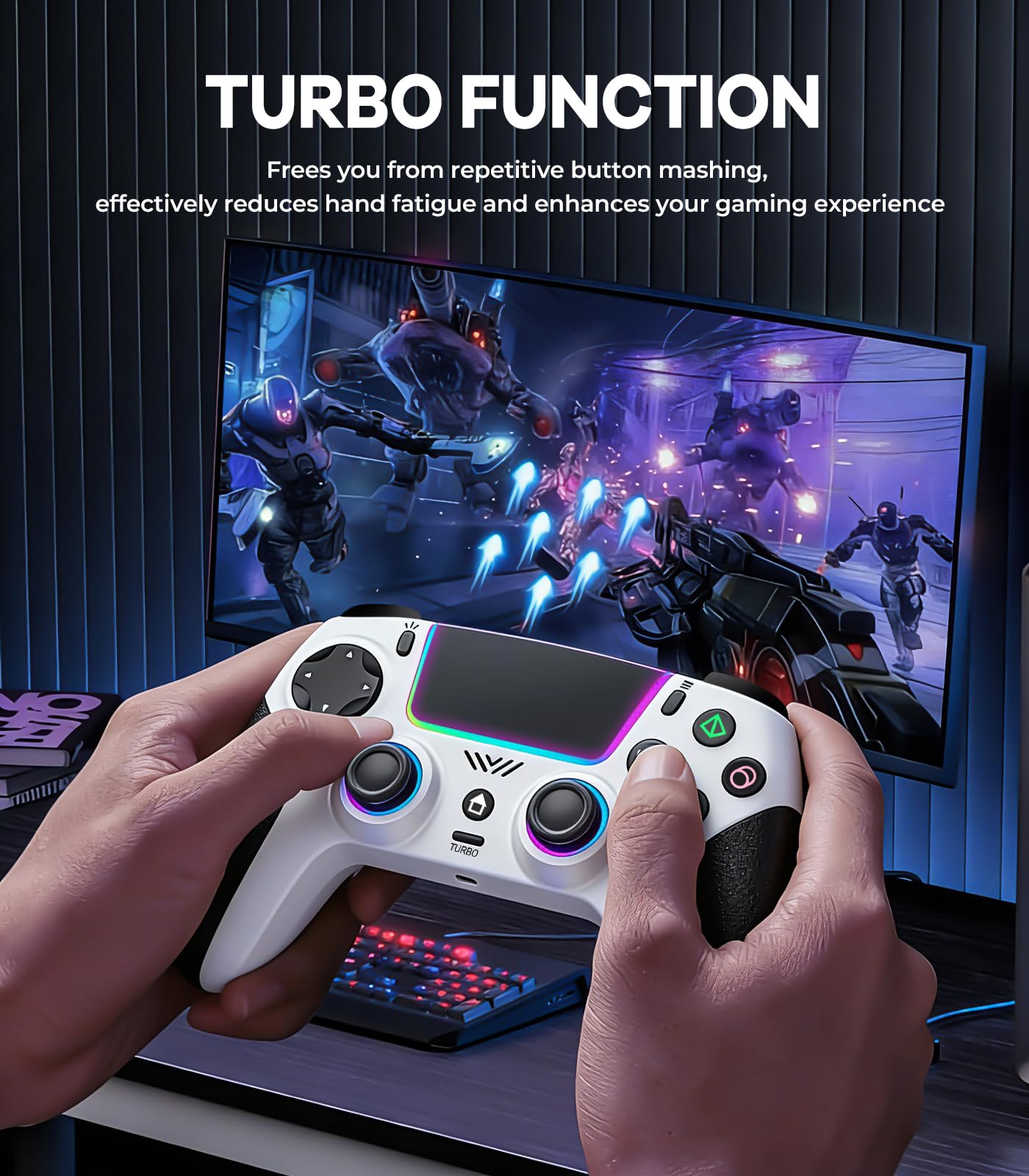 SZPACMATE Controller Wireless per PS4/PS3/Switch/PC/iOS/Android/Steam Deck, con 8 Colori RGB/Joystick Effect Hall/Batteria 1000 mAh/Turbo/Doppia Vibrazione/Programmabile/Impugnatura Antiscivolo