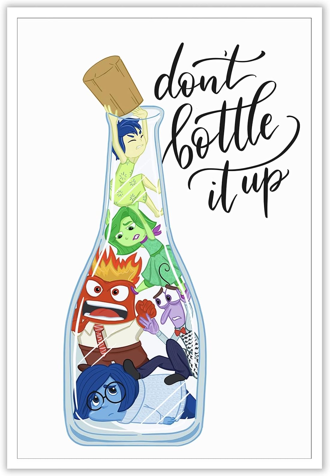 TRLZHOA Don'T Bottle It Up Posters Inside Out Animation Positive Mental Health Art Motivational Uplifting Teen Kids Cute Cartoon Gifts Prints For Home Bedroom Dorm Office Wall Decor 12x16in Unframed