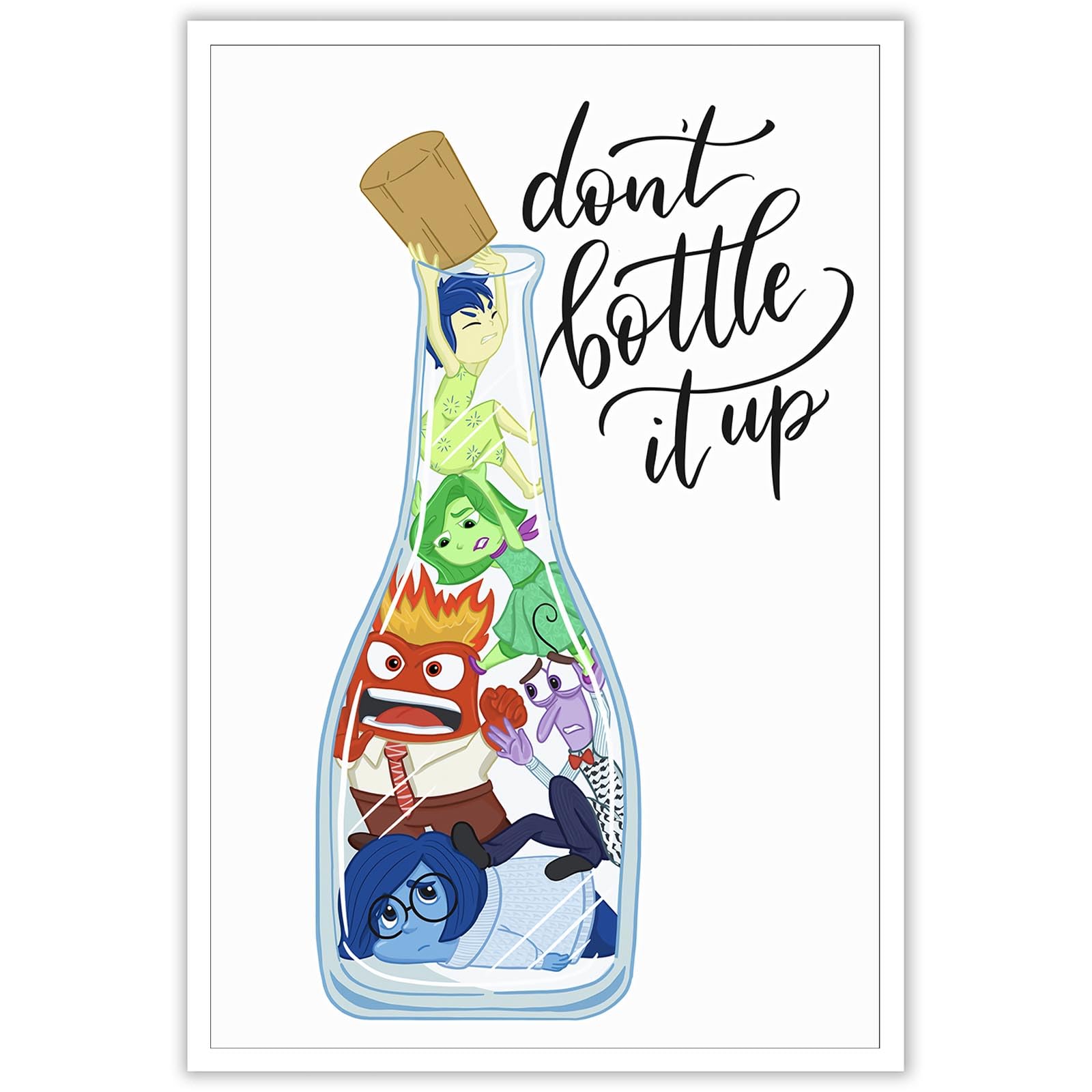 TRLZHOA Don'T Bottle It Up Posters Inside Out Animation Positive Mental Health Art Motivational Uplifting Teen Kids Cute Cartoon Gifts Prints For Home Bedroom Dorm Office Wall Decor 12x16in Unframed