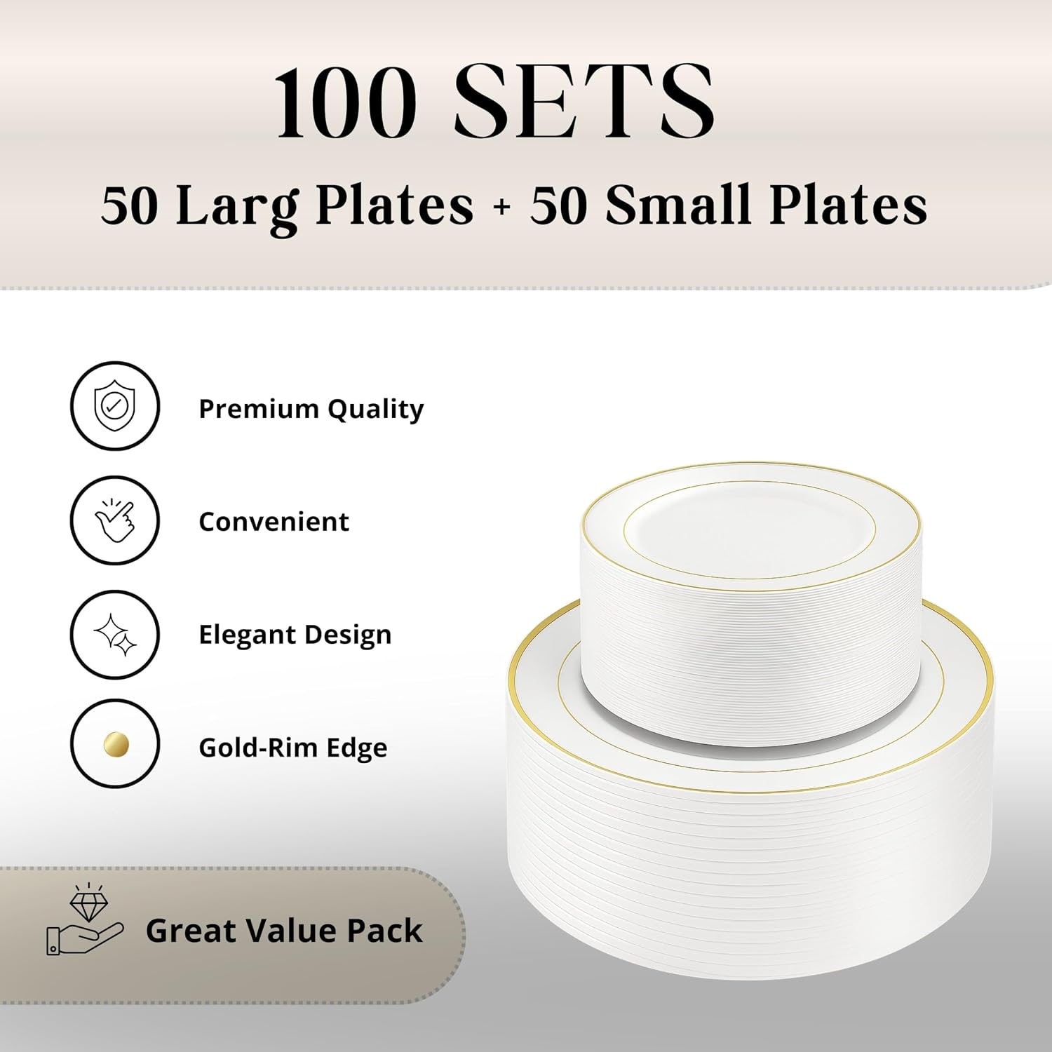 Neatiffy 100 Pcs Gold Rim Plastic Dinnerware Set (50 Guest) | 50 x Dinner Plate, 50 x Dessert Plate | BPA-Free | for Wedding, Luxurious Party, Special Event image 2