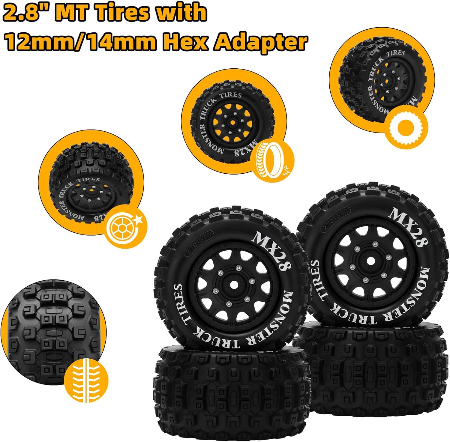 MX28 F/R 2.8" RC Tires with 12mm/14mm Hex Adapter RC Wheels and Tires Set 1/10 Scale RC Truck Tires for Stampede Arrma Big Rock Granite VORTEKS 3S Traxxas Rustler 4PCS (Style C) - Black