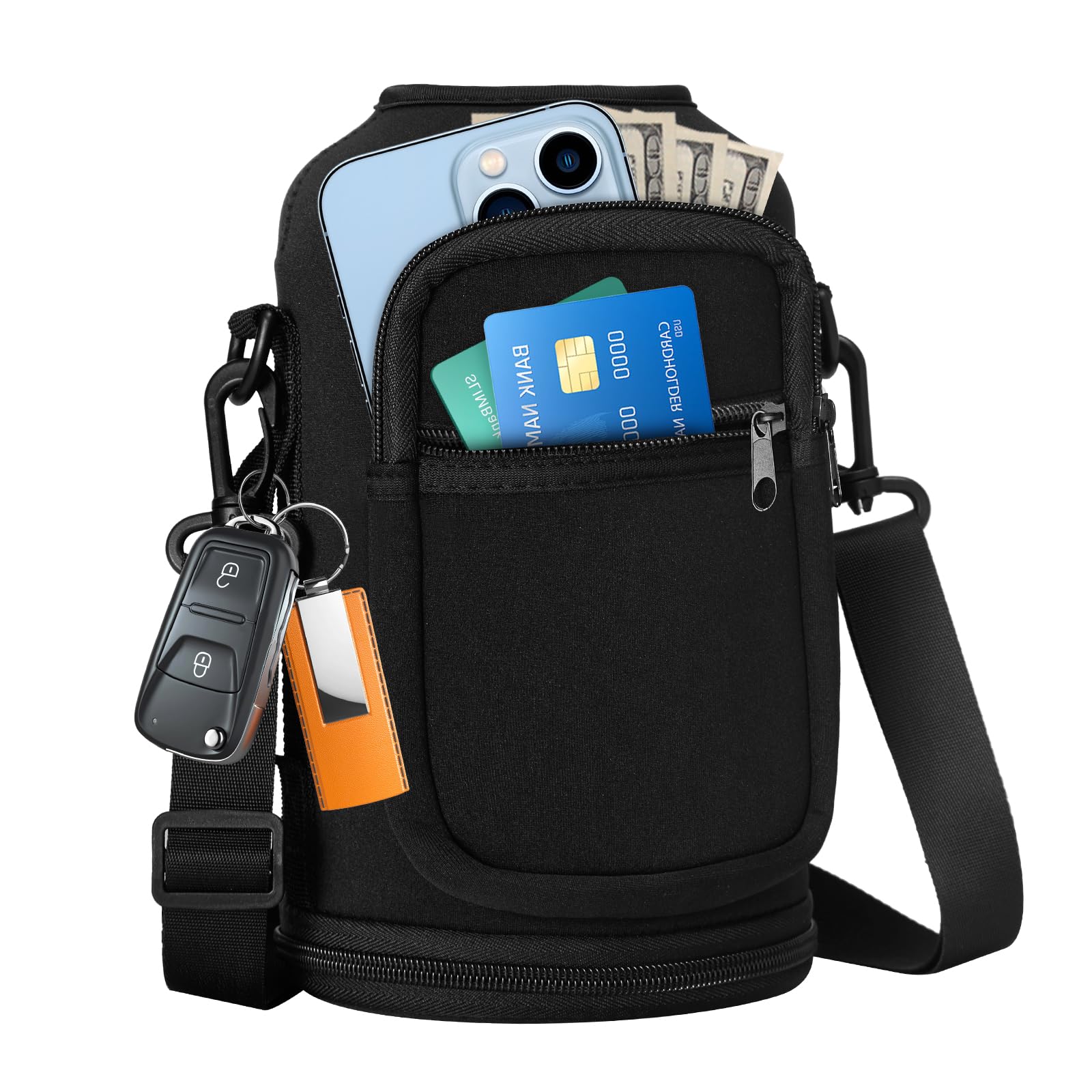 Water Bottle Sleeve with Pocket & Strap - 64 oz Insulated Water Bottles Carrier Bag with Strap, 2 Zip Pockets Neoprene Pouch, Water Jug Holder for