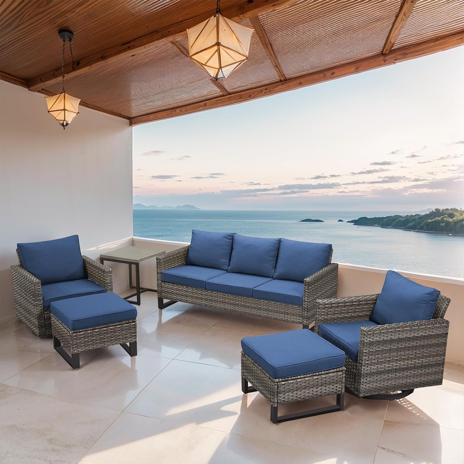 Wicker Patio Furniture Set - 6 Piece Outdoor Furniture Set with 2 Swivel Chairs, Side Table, 2 Ottomans, and Outdoor Couch - Grey/Blue