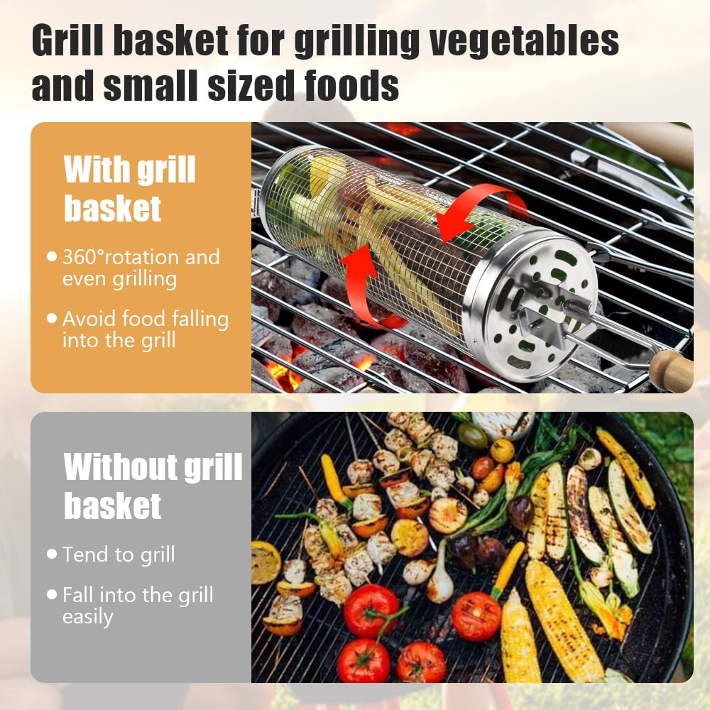 2-tlg Rolling Grillkorb Set Edelstahl - Zylindrische Grillkörbe Für Gemüse & Fleisch