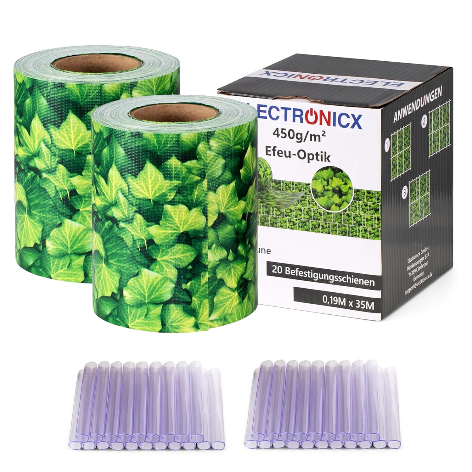 Electronicx PVC Sichtschutzstreifen für Gartenzaun - Efeu, 70m (2 x 35m) x 19cm, Hochwertige 450g/m² UV-beständige Sichtschutzmatten, Außenbereich Sichtschutz mit 40 Clips