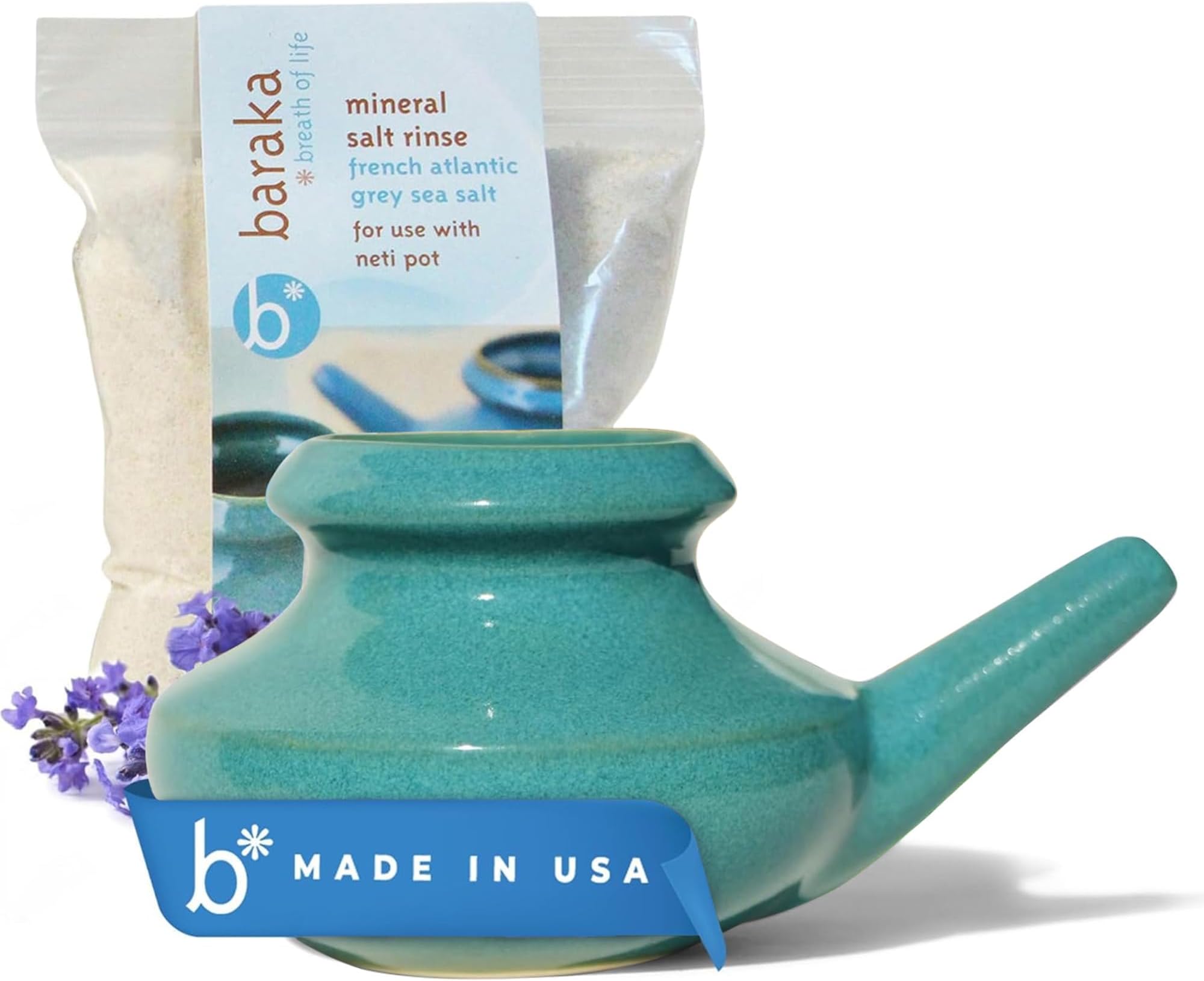 Neti Pot Tool Kit - Snoring & Saline Solution, Handcrafted Ceramic Dishwasher Safe with 2oz Mineral Sea Salt for Nose Cleaning & Sinus Rinse Perfect for Allergy Relief in Adults & Kids (Jade)
