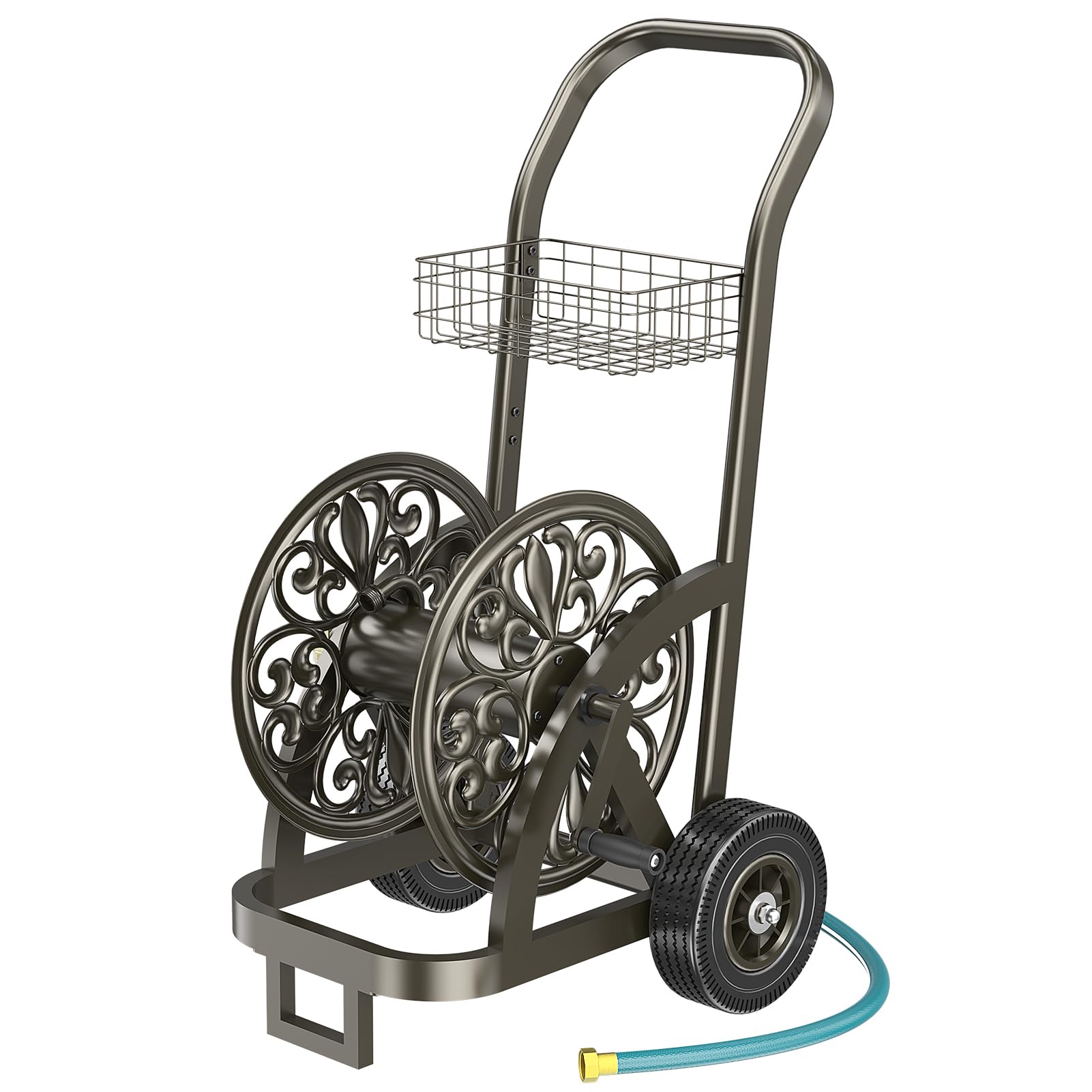 GOFORWILD Garden Hose Reel Cart with Wheel, Hold up to 200 Ft of 5/8" Hose, Heavy Duty Steel Frame Water Hose Reel Cart with Storage Basket, Mobile Hose Reel Cart for Outside Garden Lawn Yard