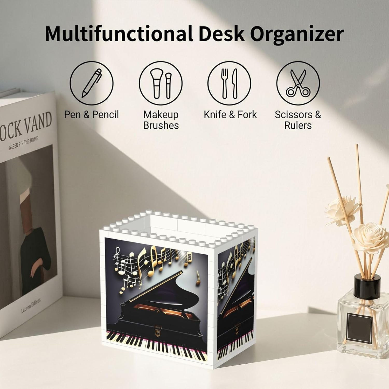 Music Note Pianos Print Uv Print Block Pencil Cup, Detachable Creative Block Desk Organizer Office Abs Pen Holder image 5