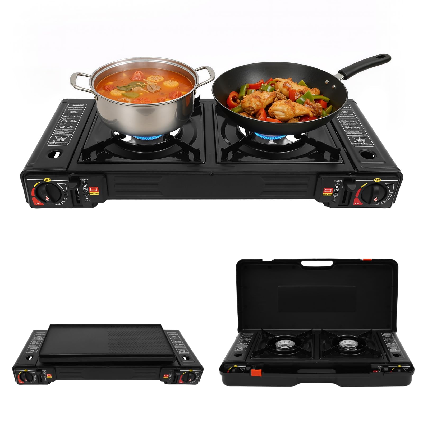 Hornillo de gas de 2 quemadores con maletín, hornillo portátil de camping para butano o gas, barbacoa de camping para interiores, excursiones de camping, picnics, 2500 W (con parrilla)