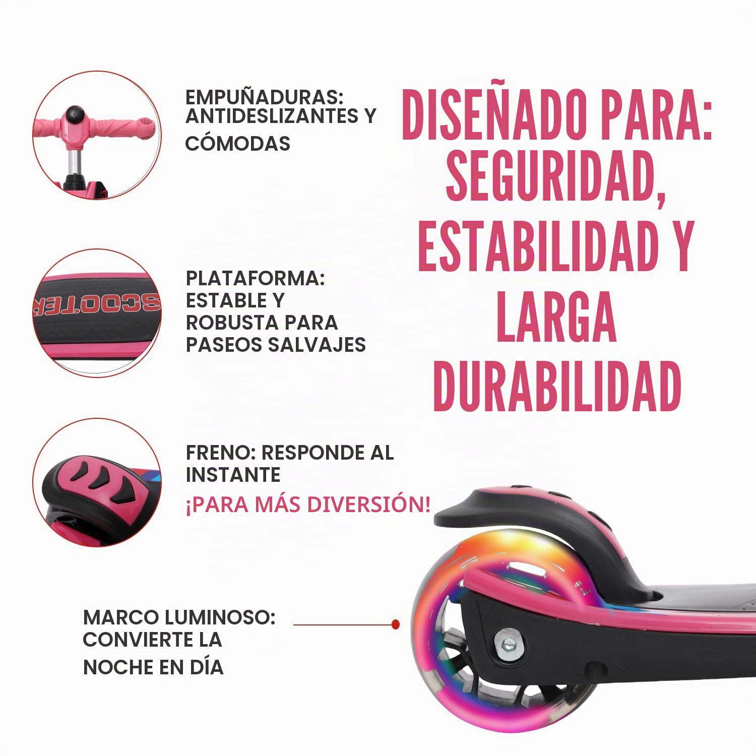 Habib - Patinete infantil con luces LED, 3 ruedas, plegable, altura regulable, para niños y niñas, 3-12 años, hasta 50 kg