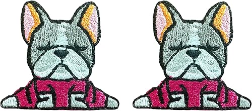 TH - Juego de 2 minúsculos, bulldog francés, cachorro, mascota, lindo logotipo de dibujos animados, 2 parches para coser para planchar en bordado,