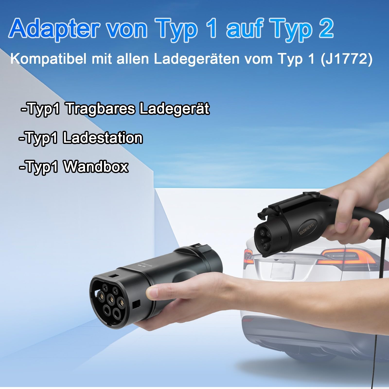 Typ 1 auf Typ 2 Adapter, passend für Type2 EVs, EV-Ladeadapter SAE j1772 auf IEC62196 EV-Ladeadapter