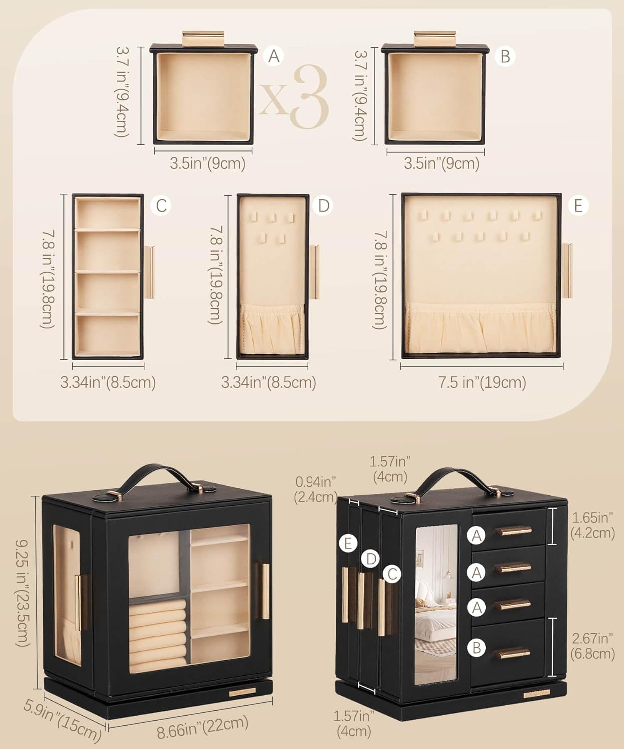 Homde Valentine's Day gifts Jewelry Box 360° Rotating, Necklace Earring Organizer with Transparent Window, Mirror, 7 Drawers, Large Ring Display Storage Case for Girls Women (Black) - Image 6